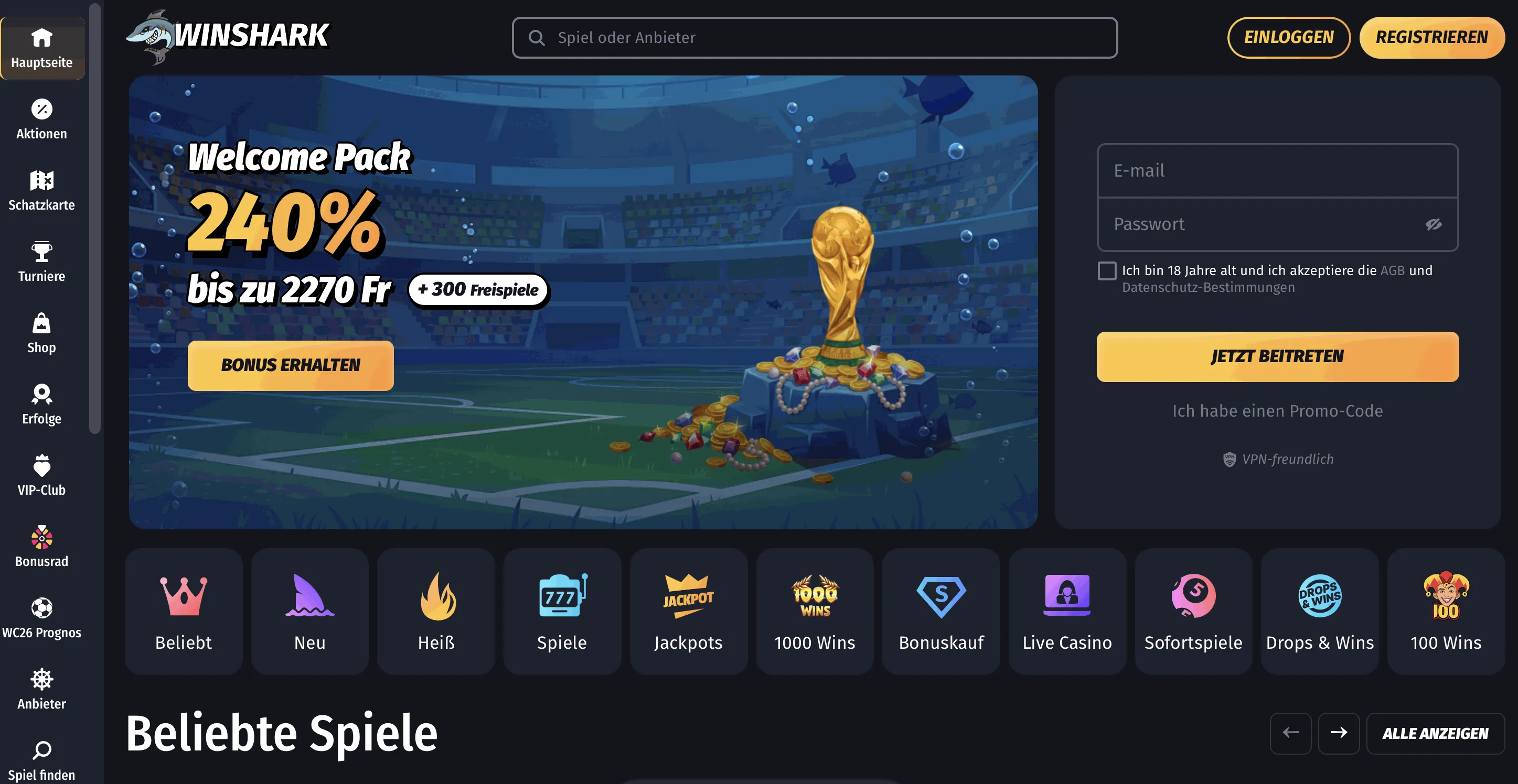 Winshark Online Casino Startseite